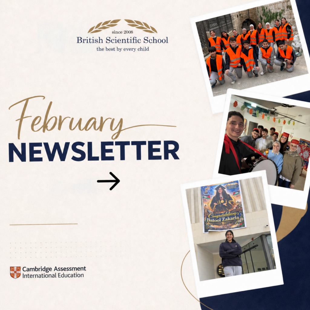 British Scientific School February newsletter highlighting student activities and achievements in Nablus