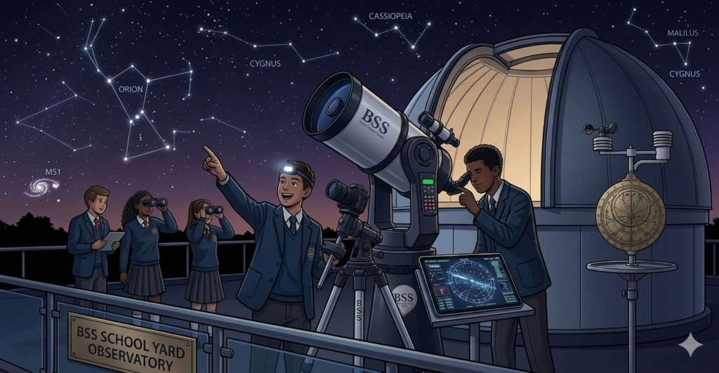Students observing constellations through telescopes at British Scientific School