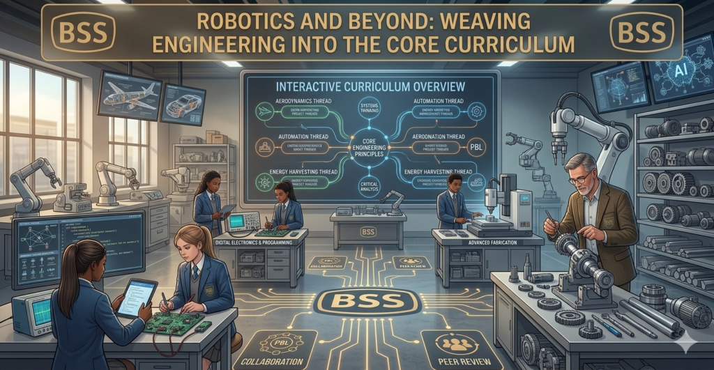 Students learning robotics and engineering concepts in class